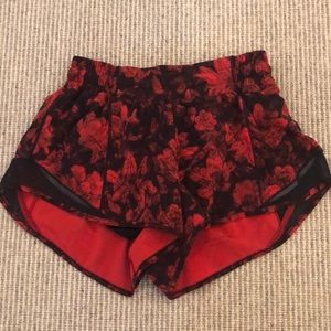 Red and black floral lululemon shorts